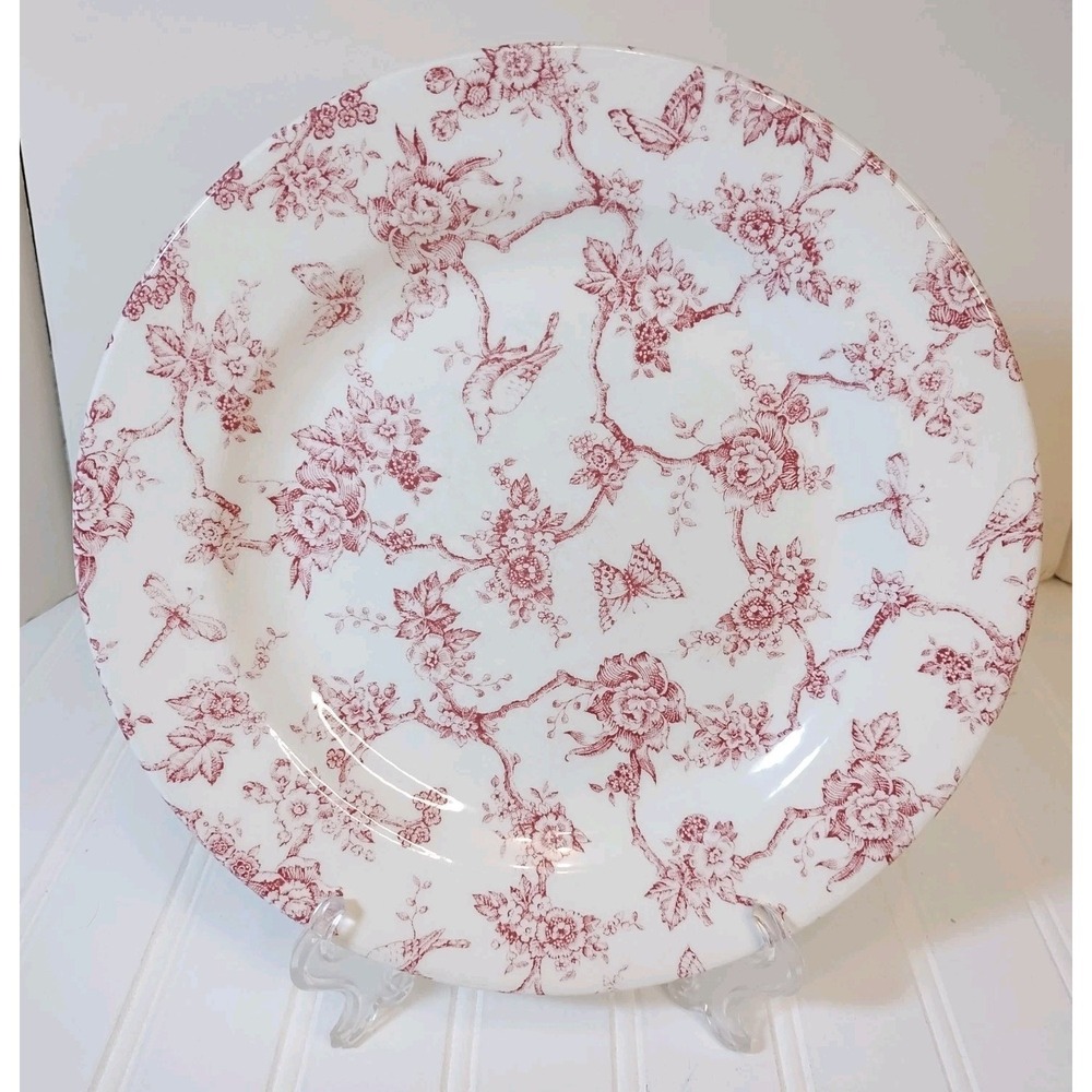 Queen's Toile De Jouy Pink Dinner Plate 10.25" Flowers Birds Butterfly Vintage